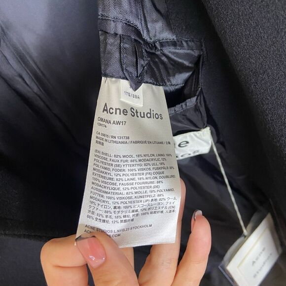 NWT Acne Studios Omana Wool Trech Black Pea Coat Fake Fur Collar Size 6 - Picture 10 of 11
